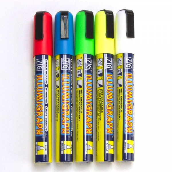 6mm Zig Illumigraph Assorted Chalk Pens - Wet Wipe x 5 Pens
